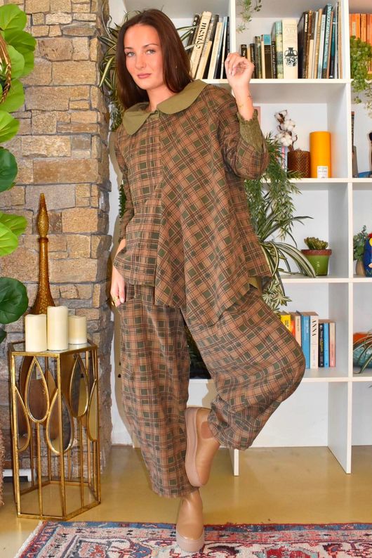 Heritage Needlecord Plaid Relaxed Barrel Pant Khaki & Camel